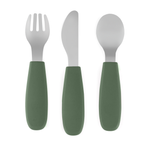 PETITE&MARS Sztućce dla dzieci z nierdzewnej stali z silikonową rączką TAKE&MATCH Misty Green 12m+