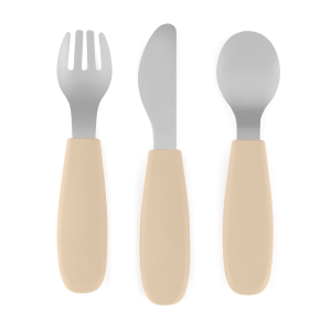 PETITE&MARS Sztućce dla dzieci z nierdzewnej stali z silikonową rączką TAKE&MATCH Desert Sand 12m+ 