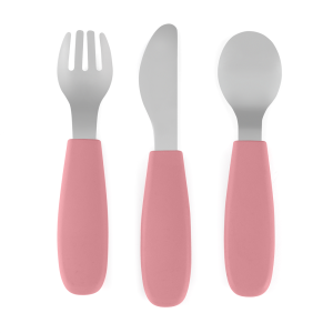 PETITE&MARS Sztućce dla dzieci z nierdzewnej stali z silikonową rączką TAKE&MATCH Dusty rose 12m+  