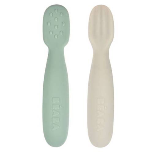 913578 Beaba Zestaw 2 silikonowych pierwszych łyżeczek-gryzaków Sage green velvet grey 1.jpg
